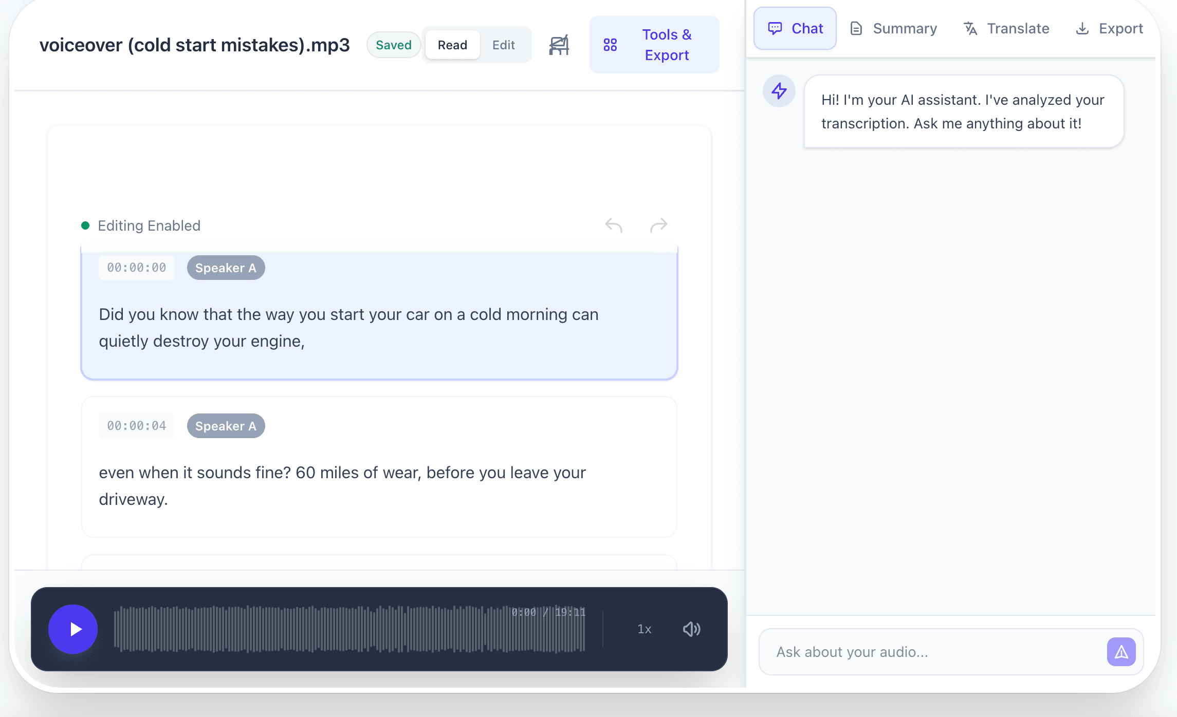 Interactive speech to text AI chat assistant interface