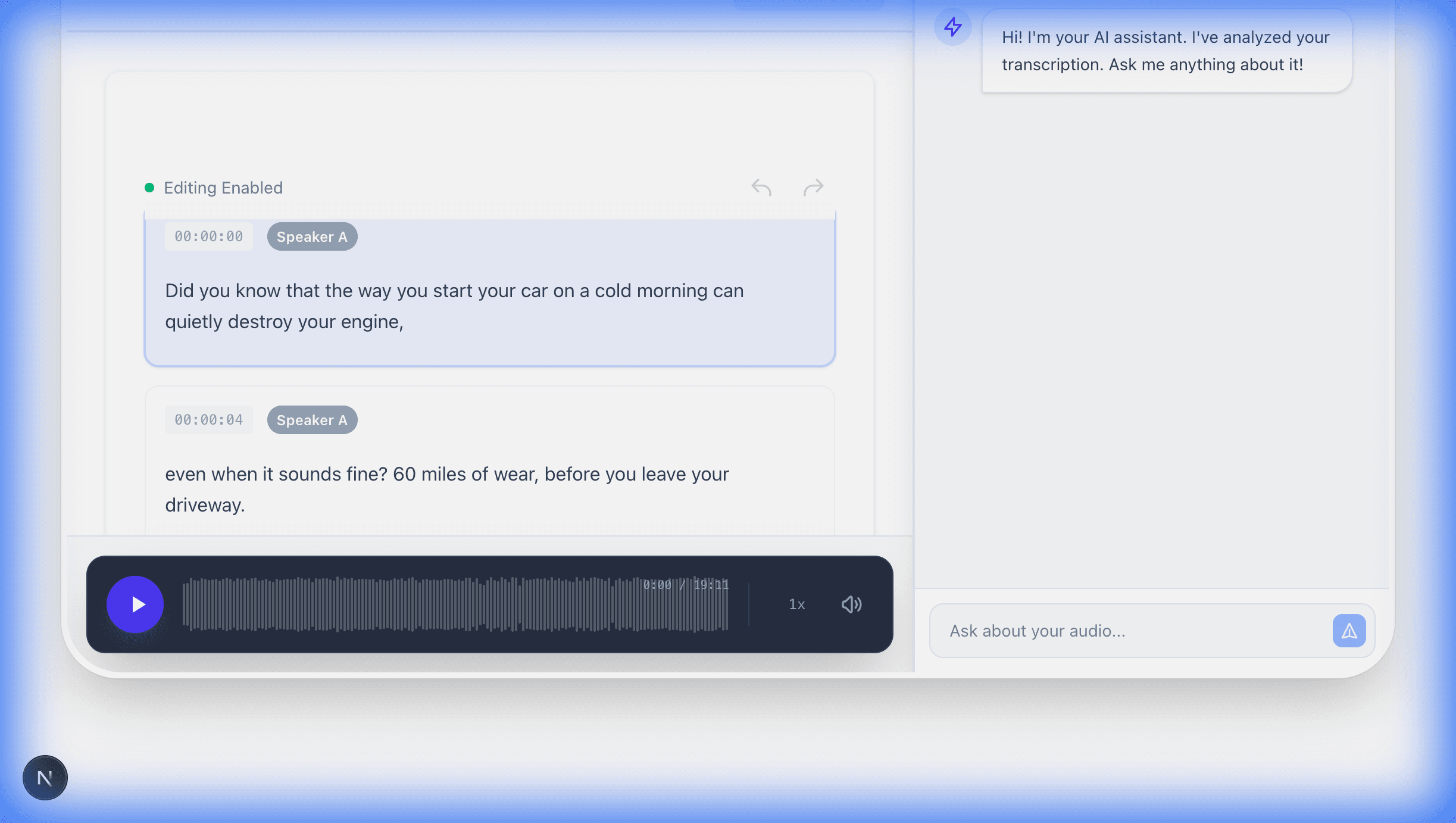 Professional speech to text editor interface with waveform visualization and time-coded segments